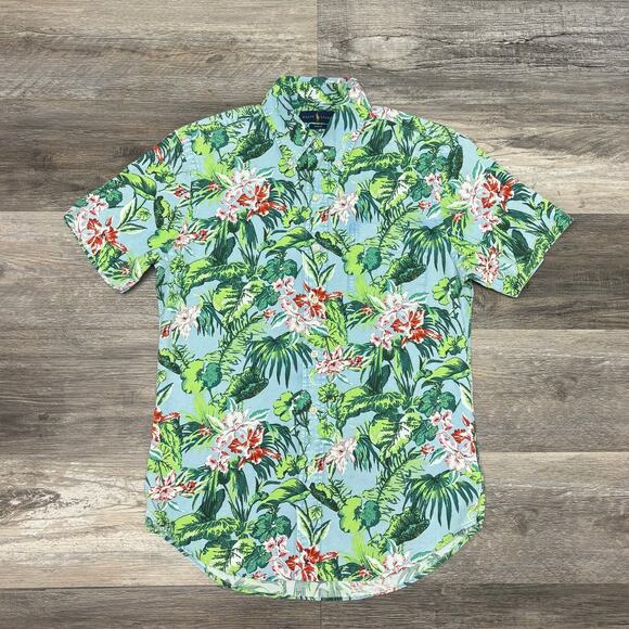 Ralph Lauren Green Blue Mens M Slim Fit Short Sleeve Button Down Hawaiian Shirt - Picture 2 of 10